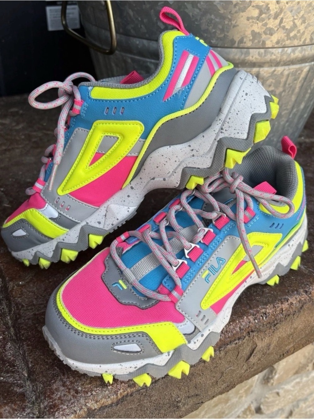 FILA Ladies Sz 6 Trail Runner Sneakers - Neon Pink/Blue/Yellow